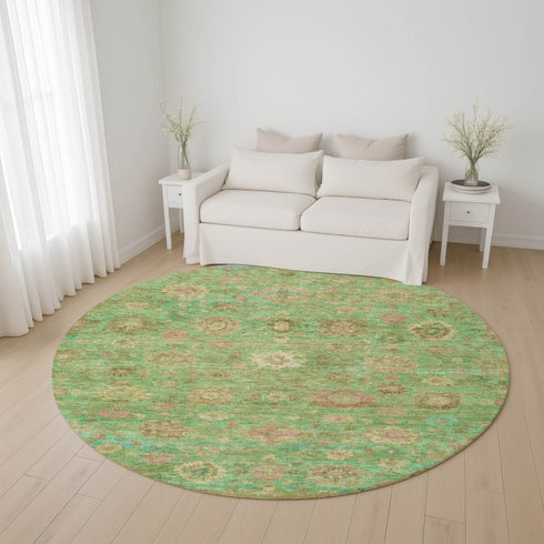 8' Lime Green Pink And Teal Damask Washable Round Rug With UV Protection