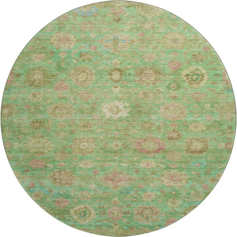 8' Lime Green Pink And Teal Damask Washable Round Rug With UV Protection