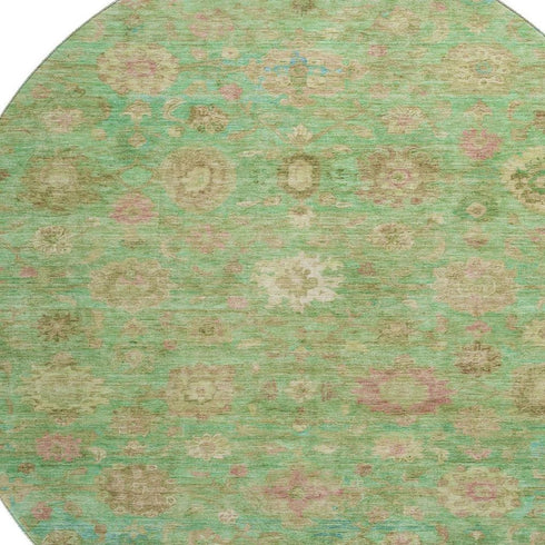 8' Lime Green Pink And Teal Damask Washable Round Rug With UV Protection