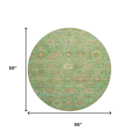 8' Lime Green Pink And Teal Damask Washable Round Rug With UV Protection