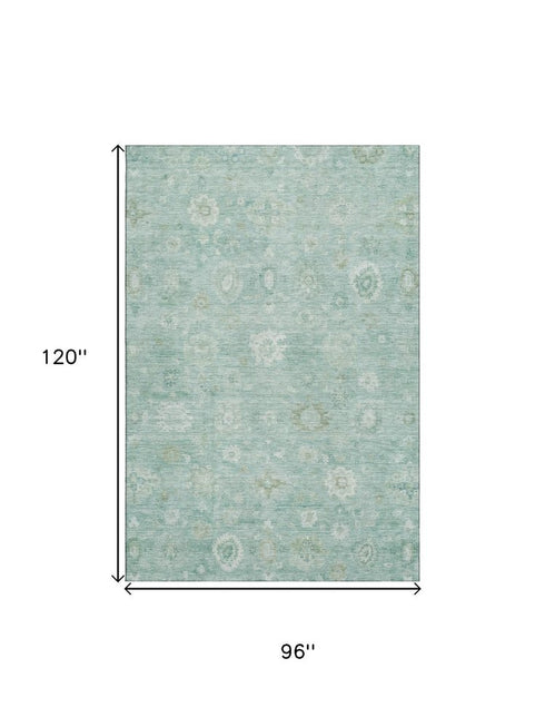 8' X 10' Teal And Ivory Damask Washable Area Rug With UV Protection