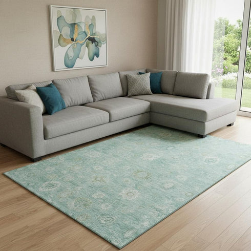 8' X 10' Teal And Ivory Damask Washable Area Rug With UV Protection