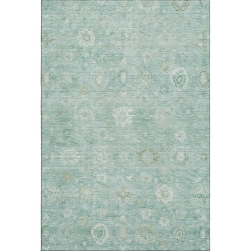 8' X 10' Teal And Ivory Damask Washable Area Rug With UV Protection