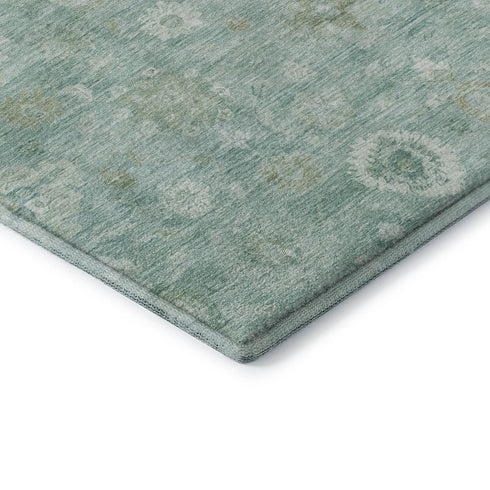8' X 10' Teal And Ivory Damask Washable Area Rug With UV Protection