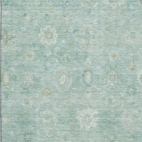 8' X 10' Teal And Ivory Damask Washable Area Rug With UV Protection