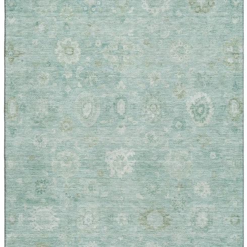 8' X 10' Teal And Ivory Damask Washable Area Rug With UV Protection