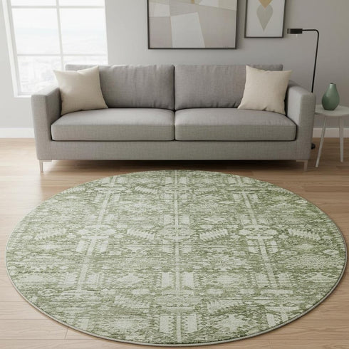 8' Artichoke Green And Ivory Oriental Washable Round Rug With UV Protection