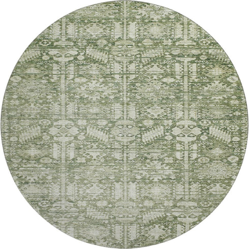 8' Artichoke Green And Ivory Oriental Washable Round Rug With UV Protection
