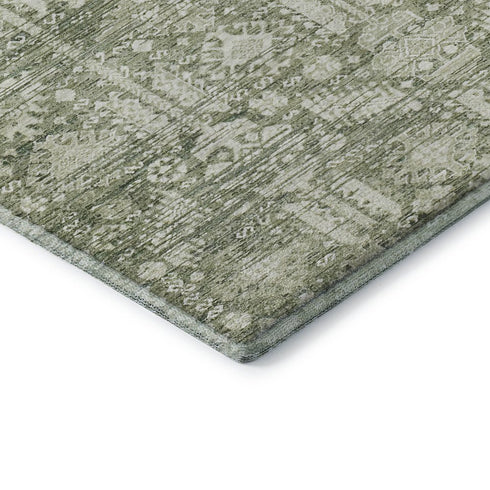 8' Artichoke Green And Ivory Oriental Washable Round Rug With UV Protection