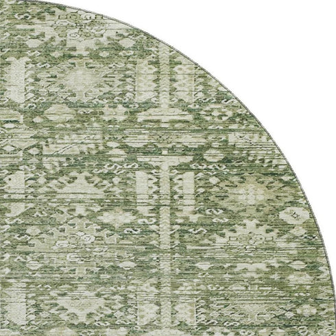 8' Artichoke Green And Ivory Oriental Washable Round Rug With UV Protection