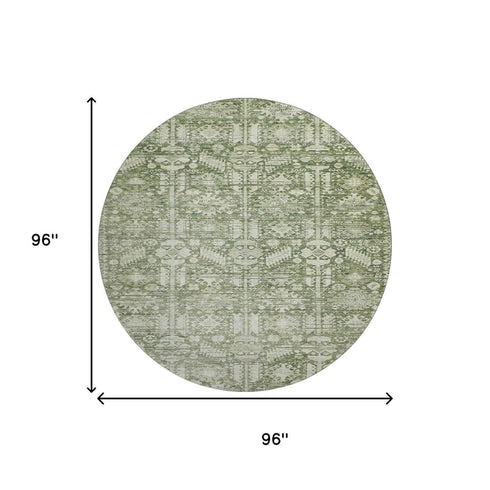 8' Artichoke Green And Ivory Oriental Washable Round Rug With UV Protection