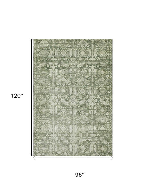 8' X 10' Artichoke Green And Ivory Oriental Washable Area Rug With UV Protection