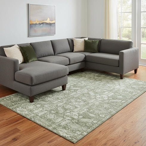 8' X 10' Artichoke Green And Ivory Oriental Washable Area Rug With UV Protection