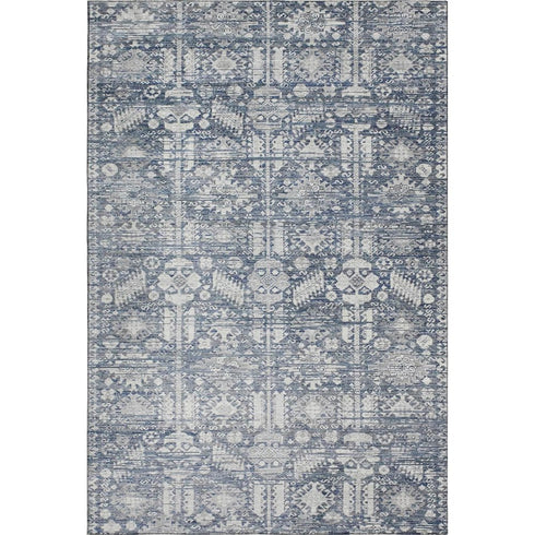 5' X 8' Blue And Ivory Oriental Washable Area Rug With UV Protection