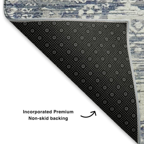 5' X 8' Blue And Ivory Oriental Washable Area Rug With UV Protection