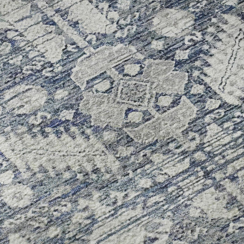 5' X 8' Blue And Ivory Oriental Washable Area Rug With UV Protection