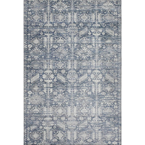 5' X 8' Blue And Ivory Oriental Washable Area Rug With UV Protection