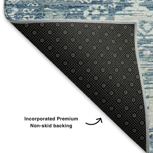 5' X 8' Denim Blue And Ivory Oriental Washable Area Rug With UV Protection