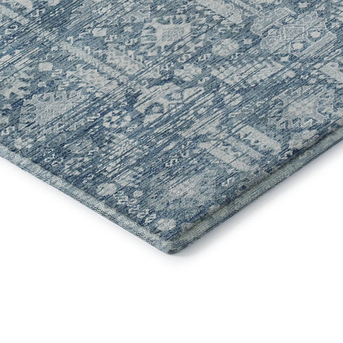 5' X 8' Denim Blue And Ivory Oriental Washable Area Rug With UV Protection