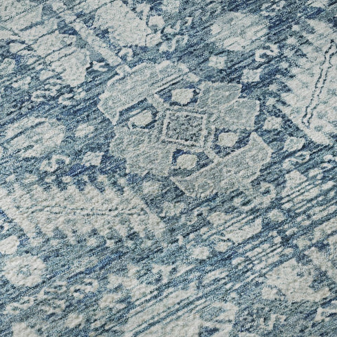5' X 8' Denim Blue And Ivory Oriental Washable Area Rug With UV Protection