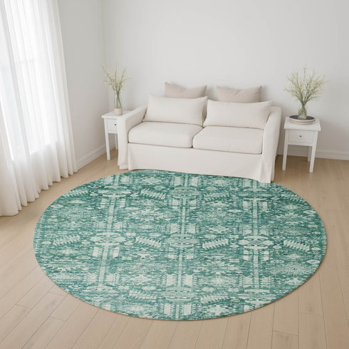 8' Teal And Ivory Oriental Washable Round Rug With UV Protection