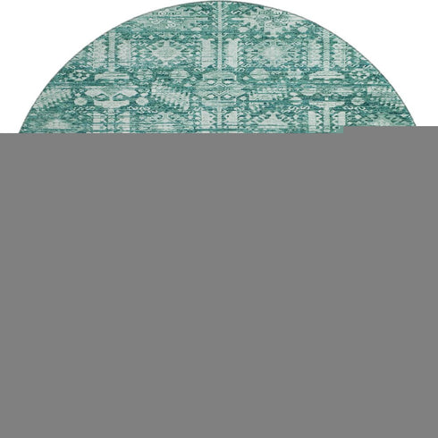 8' Teal And Ivory Oriental Washable Round Rug With UV Protection