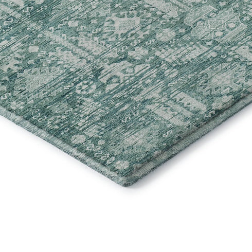 8' Teal And Ivory Oriental Washable Round Rug With UV Protection