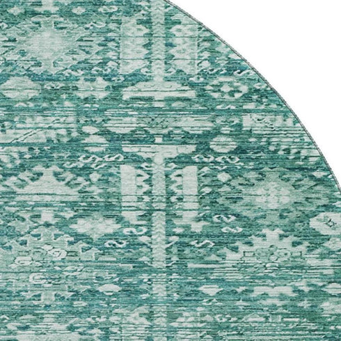 8' Teal And Ivory Oriental Washable Round Rug With UV Protection