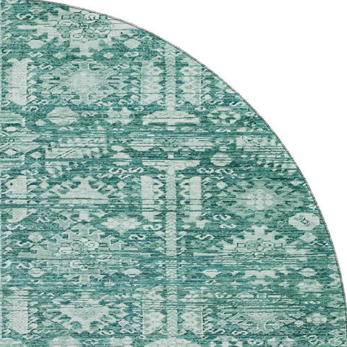 8' Teal And Ivory Oriental Washable Round Rug With UV Protection