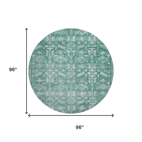 8' Teal And Ivory Oriental Washable Round Rug With UV Protection