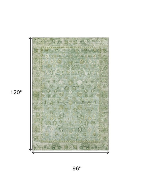 8' X 10' Artichoke Green And Ivory Oriental Washable Area Rug With UV Protection