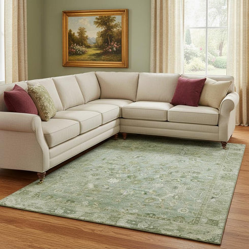 8' X 10' Artichoke Green And Ivory Oriental Washable Area Rug With UV Protection
