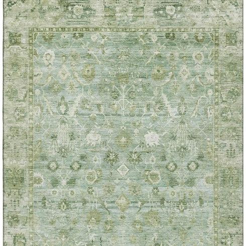 8' X 10' Artichoke Green And Ivory Oriental Washable Area Rug With UV Protection