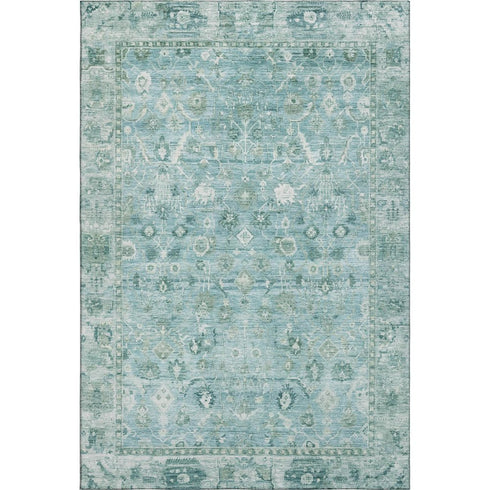 5' X 8' Blue And Ivory Oriental Washable Area Rug With UV Protection