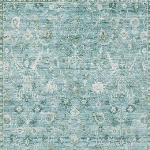 5' X 8' Blue And Ivory Oriental Washable Area Rug With UV Protection