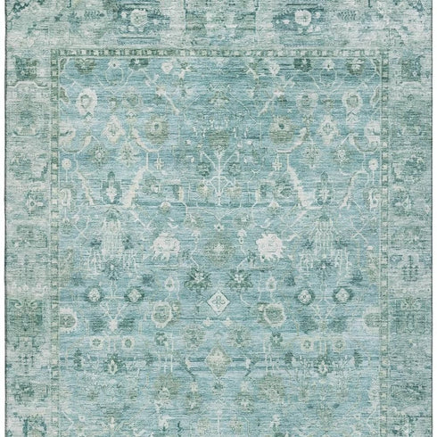 5' X 8' Blue And Ivory Oriental Washable Area Rug With UV Protection