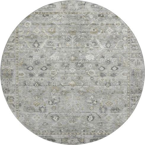 8' Pewter And Ivory Oriental Washable Round Rug With UV Protection