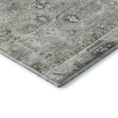 8' Pewter And Ivory Oriental Washable Round Rug With UV Protection