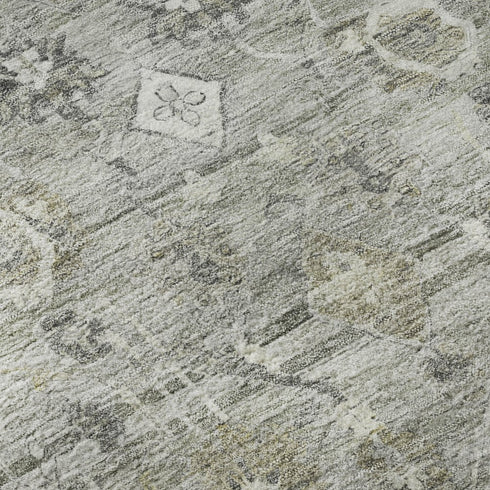 8' Pewter And Ivory Oriental Washable Round Rug With UV Protection
