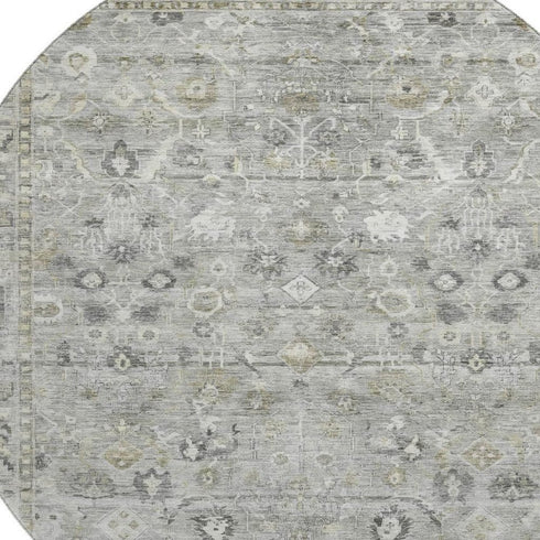 8' Pewter And Ivory Oriental Washable Round Rug With UV Protection