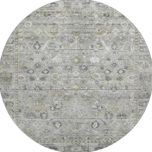 8' Pewter And Ivory Oriental Washable Round Rug With UV Protection