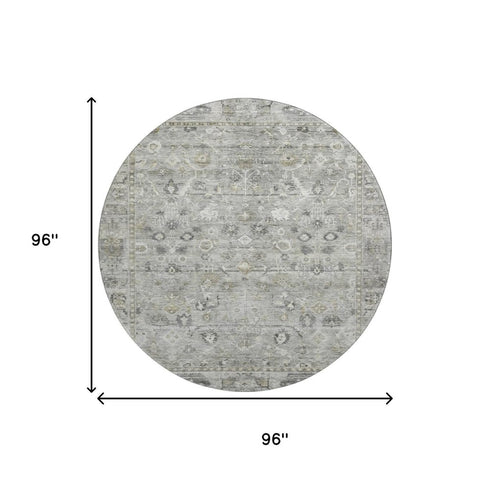 8' Pewter And Ivory Oriental Washable Round Rug With UV Protection
