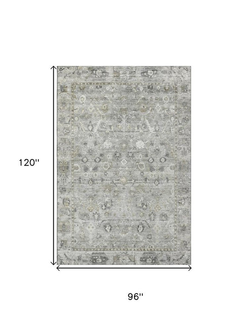 8' X 10' Pewter And Ivory Oriental Washable Area Rug With UV Protection