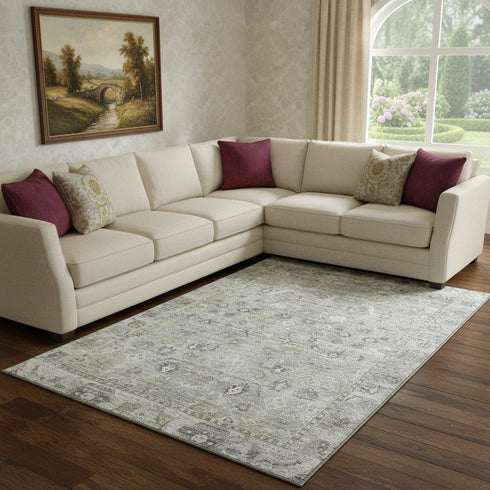 8' X 10' Pewter And Ivory Oriental Washable Area Rug With UV Protection