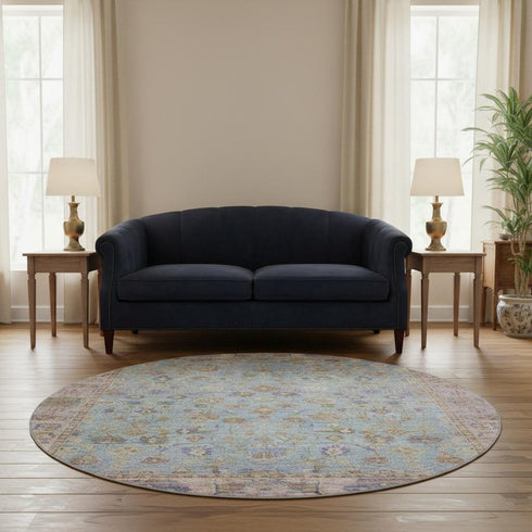 8' Pale Aqua And Lavender Oriental Washable Round Rug With UV Protection