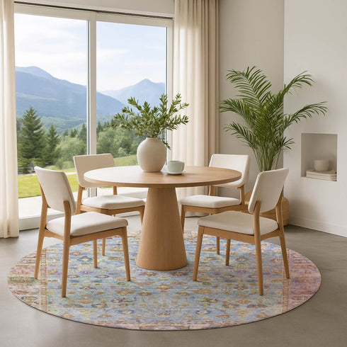 8' Pale Aqua And Lavender Oriental Washable Round Rug With UV Protection