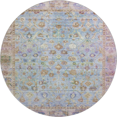 8' Pale Aqua And Lavender Oriental Washable Round Rug With UV Protection