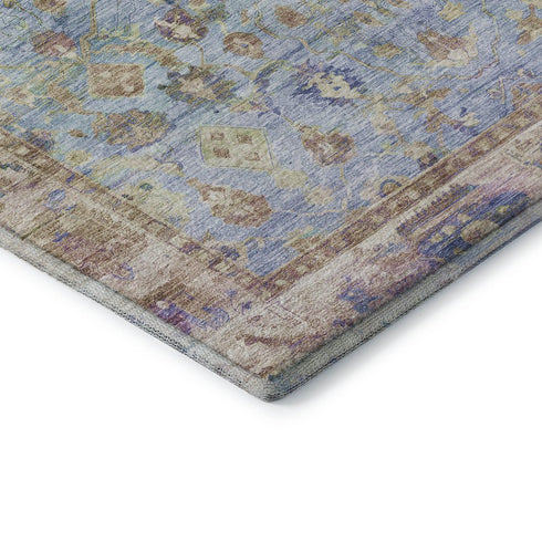 8' Pale Aqua And Lavender Oriental Washable Round Rug With UV Protection