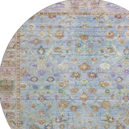 8' Pale Aqua And Lavender Oriental Washable Round Rug With UV Protection