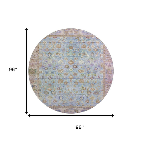 8' Pale Aqua And Lavender Oriental Washable Round Rug With UV Protection